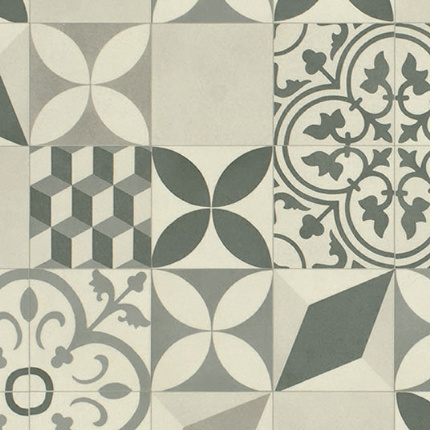 Sol Vinyle Textile Rnove - Imitation Carreaux de ciment floral et 3D - Beige et gris