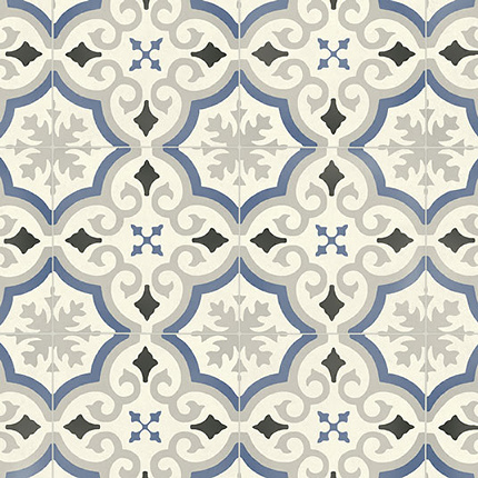 Sol Vinyle Textile Rénove - Effet carreaux de ciment arabesques bleu et gris
