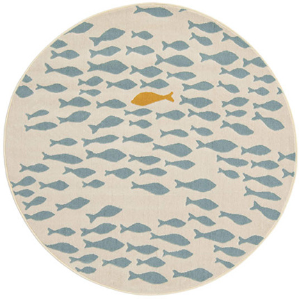 Tapis rond chambre d'enfant - Petits poissons - Beige et bleu clair