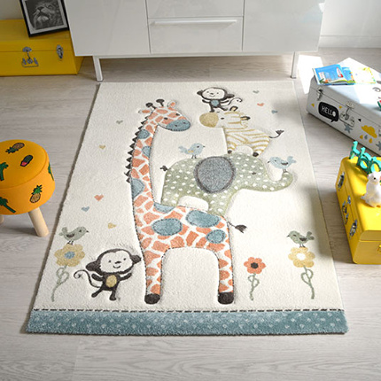 Tapis Mrinos Enfant Animaux de la jungle - Elphant et girafe - Beige