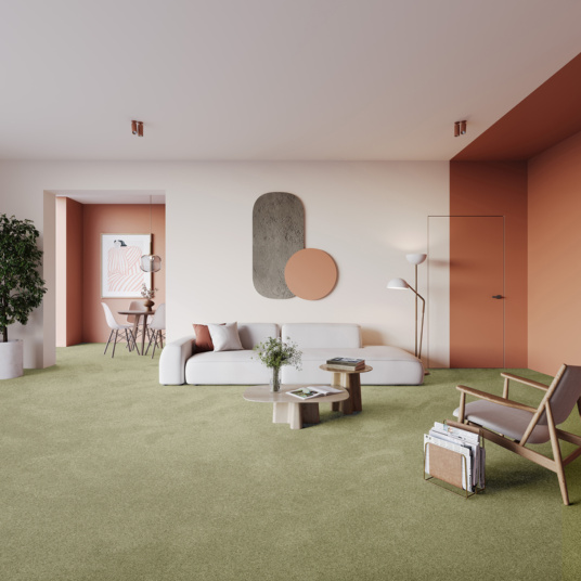 Tapis Re-life vert kaki en polyester recyclé, format sur mesure pour salon