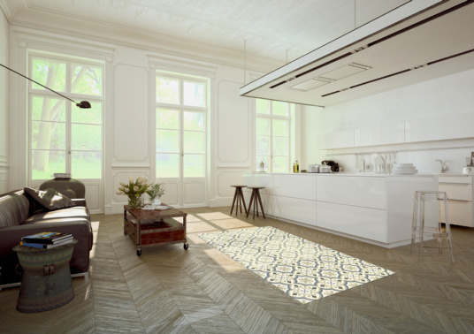 Tapis sur mesure Vinyle Effet carreaux de ciment - Arabesques vert et bleu - Cuisine