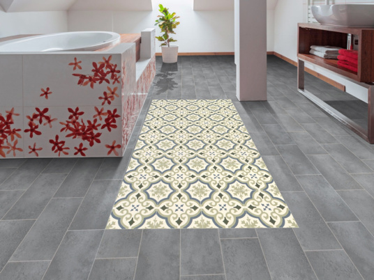 Tapis sur mesure Vinyle Effet carreaux de ciment - Arabesques vert et bleu - Salle de bain