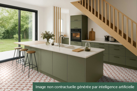 Tapis graphique terracotta et crème dans cuisine verte avec îlot central