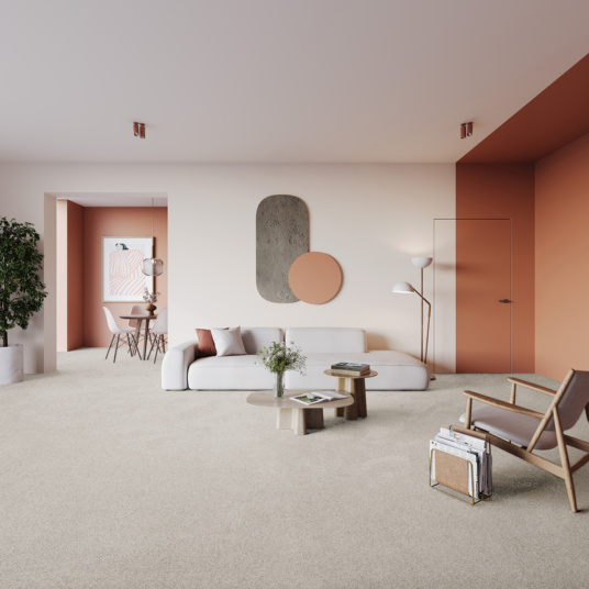 Tapis sur mesure en polyester recyclé Re-life Grège tendre dans salon lumineux et moderne
