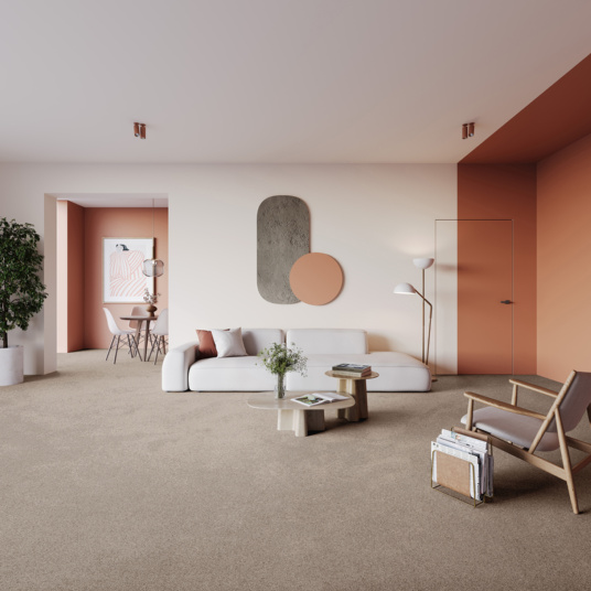 Tapis sur mesure en polyester recyclé Re-life beige, intérieur moderne et chaleureux