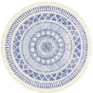 Tapis rond en coton blanc  franges - Aztque - Motifs bleu