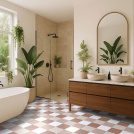 Sol vinyle Maison Vichy terracotta dans une salle de bains élégante et végétalisée