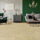 Tapis sur mesure imitation parquet mosaïque chêne clair dans pièce de vie chic et rétro
