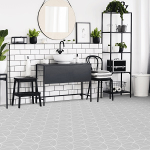 Sol PVC textile économique rosace gris, lino décoratif pièce d’eau style doux
