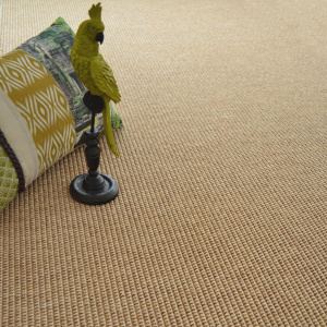 Moquette tissé plat Lombok Naturel avec plante et coussin dans une ambiance déco naturelle et apaisante