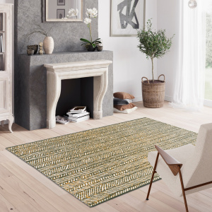 Tapis d'extérieur ou de salon - Motifs graphiques - Noir, crème et terracotta - Ambiance cheminée