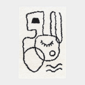 Tapis de salon à poils longs - Line art - Noir et blanc cassé