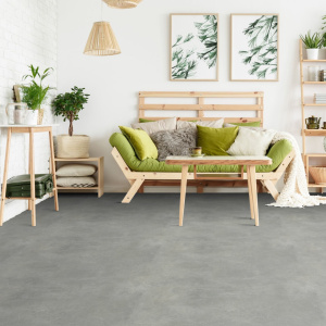 Sol vinyle textile haute performance aspect marbre gris dans un salon moderne