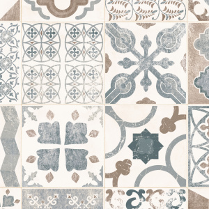 Gros plan sur les dessins géométriques du tapis sur mesure vinyle - Carreaux de ciment - Naturel