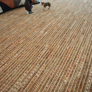 Moquette Bornéo Nature en polypropylène avec tissage plat résistant et ambiance déco avec coussin