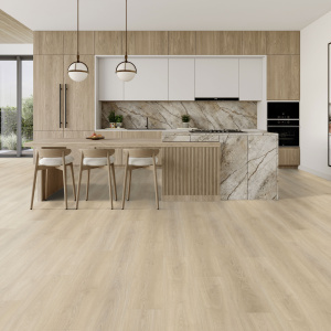 Lame vinyle clipsable - Gerflor R55 Lock+ Acoustic - Selma light dans une cuisine ouverte avec grand îlot repas