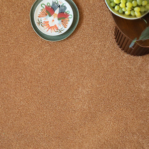 Moquette épaisse en polyester recyclé Re-life Rouille terracotta texture douce et moelleuse avec assiette décorative