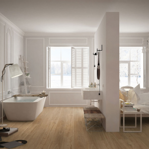Lame vinyle - Gerflor Senso Unik - Madera natural dans une salle de bain élégante et lumineuse