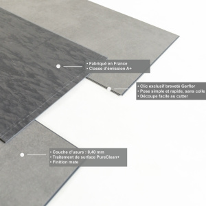Dalle vinyle - Gerflor Senso Clic 3 - Pepper taupe présentant la composition technique de la dalle PVC clipsable