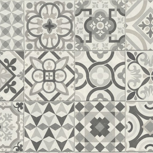 Sol Vinyle Textile Relief 3D Carreaux de ciment Élise Monochrome, motifs variés gris et blanc en patchwork