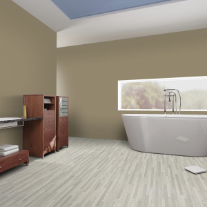 Sol PVC textile économique parquet chêne gris lames étroites, effet bois en salle de bain