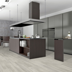 Sol Vinyle Textile Grande largeur - Parquet trait de scie - Chêne gris blanchi - cuisine
