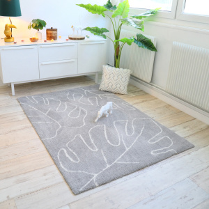 Tapis de salon en velours - Palme - Motif feuille écru et gris clair - salon