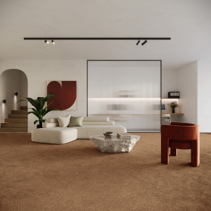 Tapis sur mesure soyeux Re-cycle rouille terracotta en polyester recyclé, ambiance chic et naturelle