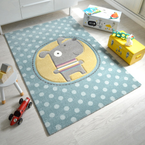 Tapis Mérinos Enfant Doggy - Chien marrant - Bleu à pois - Vue de loin