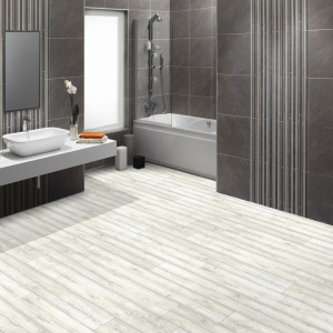 Salle de bain moderne avec sol vinyle Link Plus imitation parquet blanchi, surface brillante
