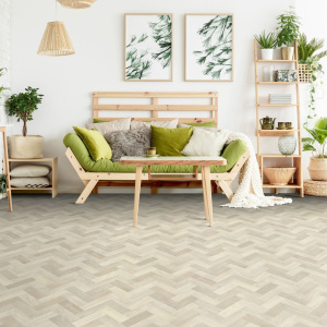 Sol Vinyle Textile Rénove - Imitation Parquet Chevrons bâtons rompus chêne blanchi - Ambiance salon