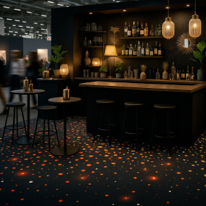 Moquette stand imprimée Jeu de lumière, sol événementiel graphique pour stand design et ambiance immersive