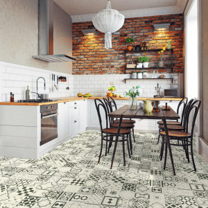 Sol Vinyle Style - Carreaux de ciment effet vieilli noir et blanc - cuisine