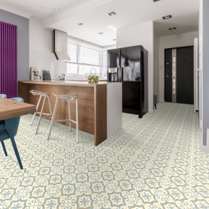 Sol Vinyle Inspiration - Effet carreaux de ciment arabesques - Bleu et ocre en cuisine