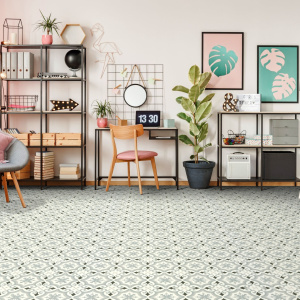 Sol Vinyle Textile Rénove acoustique - Effet carreaux de ciment arabesque gris bleuté - Bureau