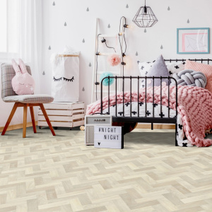 Sol Vinyle Textile Rénove - Imitation Parquet Chevrons bâtons rompus chêne blanchi - Chambre
