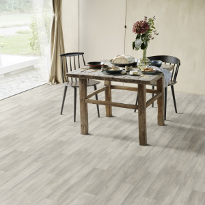 Sol Vinyle Textile Grande largeur - Parquet trait de scie - Chêne gris blanchi - salle à manger