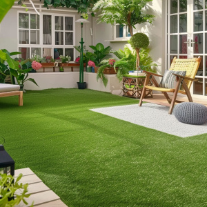 Terrasse design avec gazon synthétique Monaco 49 mm et banquette lounge