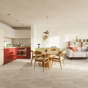Sol vinyle Prestige Batitec - Botticelli T93, aspect parquet bois clair dans un salon lumineux ouvert sur une salle à manger