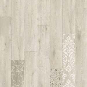 Sol Vinyle Textile - Relief 3D - Imprimé parquet clair effet pochoir volutes, lames claires et détails ornementaux