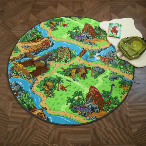 Tapis rond de jeu enfant circuit volcans et dinosaures
