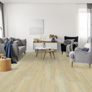 Lames sol PVC plombantes acoustiques chêne clair cérusé pour espace détente contemporain