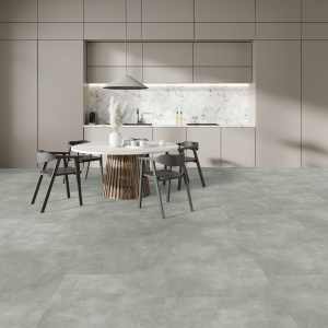 Dalle vinyle clipsable - Gerflor R55 Lock+ Acoustic - Rock taupe, sol effet béton dans une cuisine ouverte