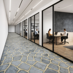 Revêtement événementiel imprimé pavés – décor pierre pour espace bureau