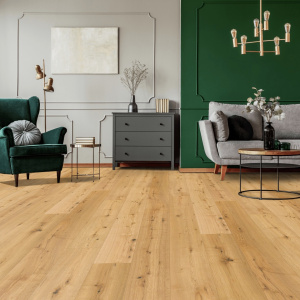 Sol parquet contrecollé vernis mat click à plat chêne naturel dans pièce de vie