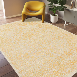 Tapis à motif oriental en tissu chenille recyclé Camélia jaune - salon