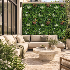 Mur végétal artificiel - Prairie - Intérieur et extérieur créant un décor végétal derrière un salon de jardin