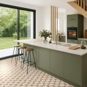Sol Vinyle Mood - Atelier Bauhaus - Terracotta dans une cuisine tendance et chaleureuse