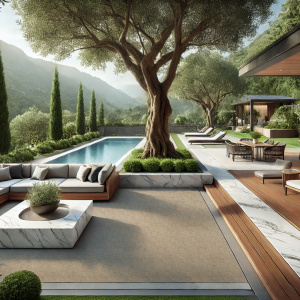 Mise en situation de la moquette d’extérieur beige sable sur une terrasse contemporaine